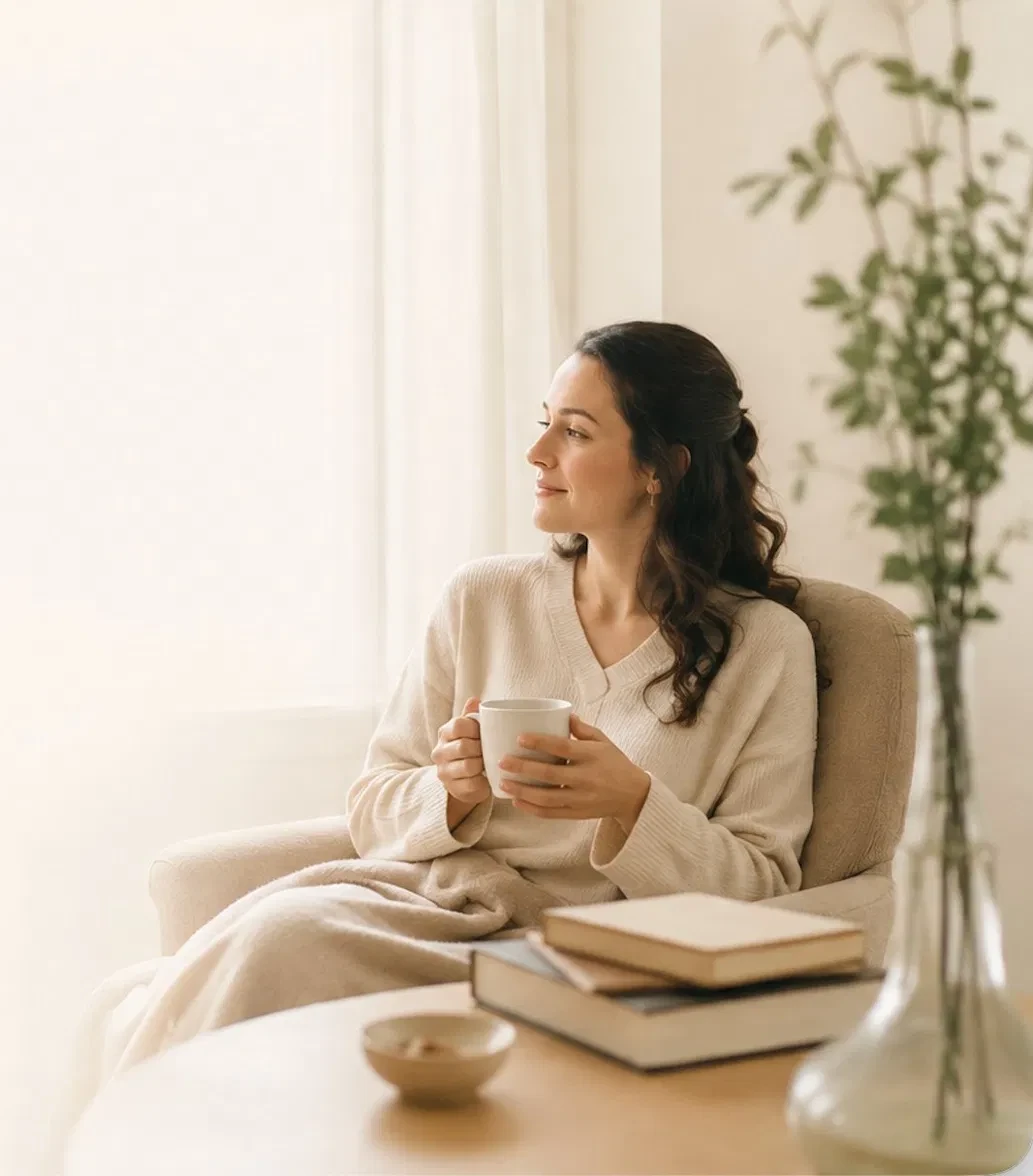 Woman sitting peacefully by a window with a cup of tea
